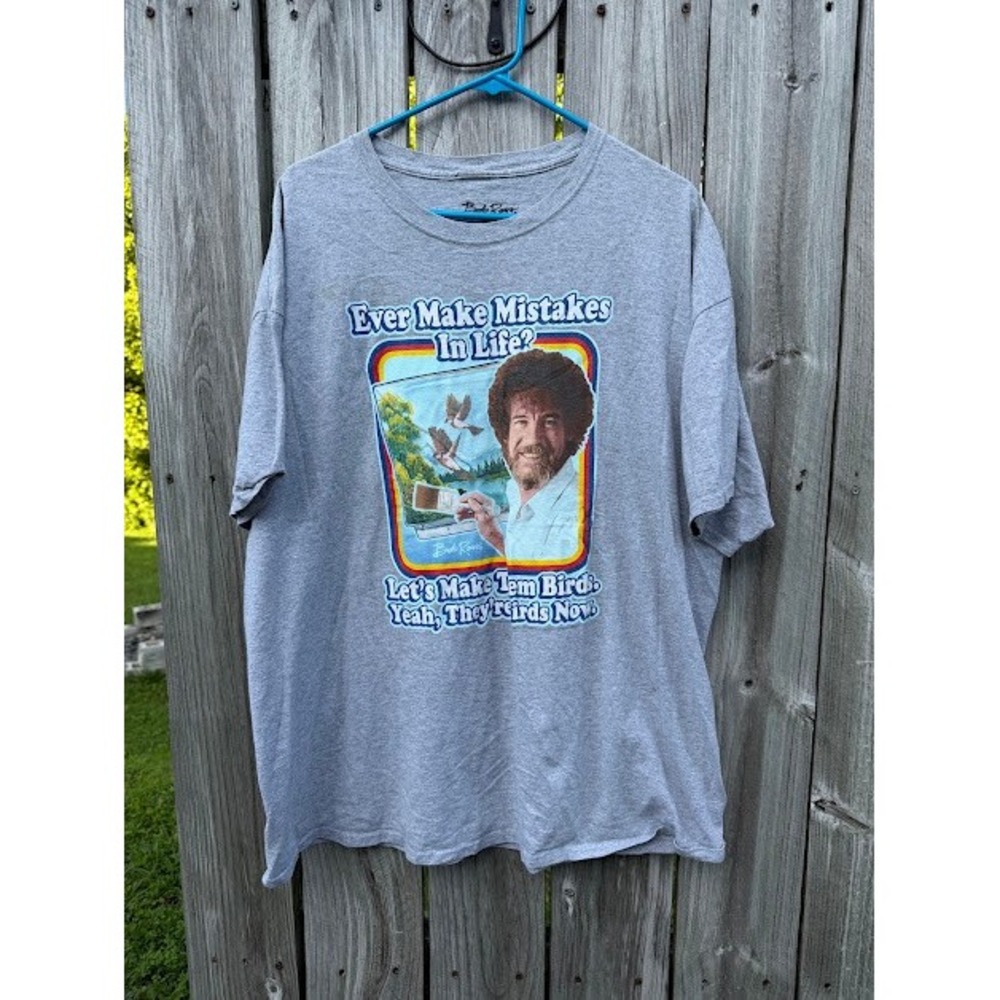 Retro Bob Ross Graphic Tee Women 2XL Gray Happy Little Accidents Birds T-Shirt